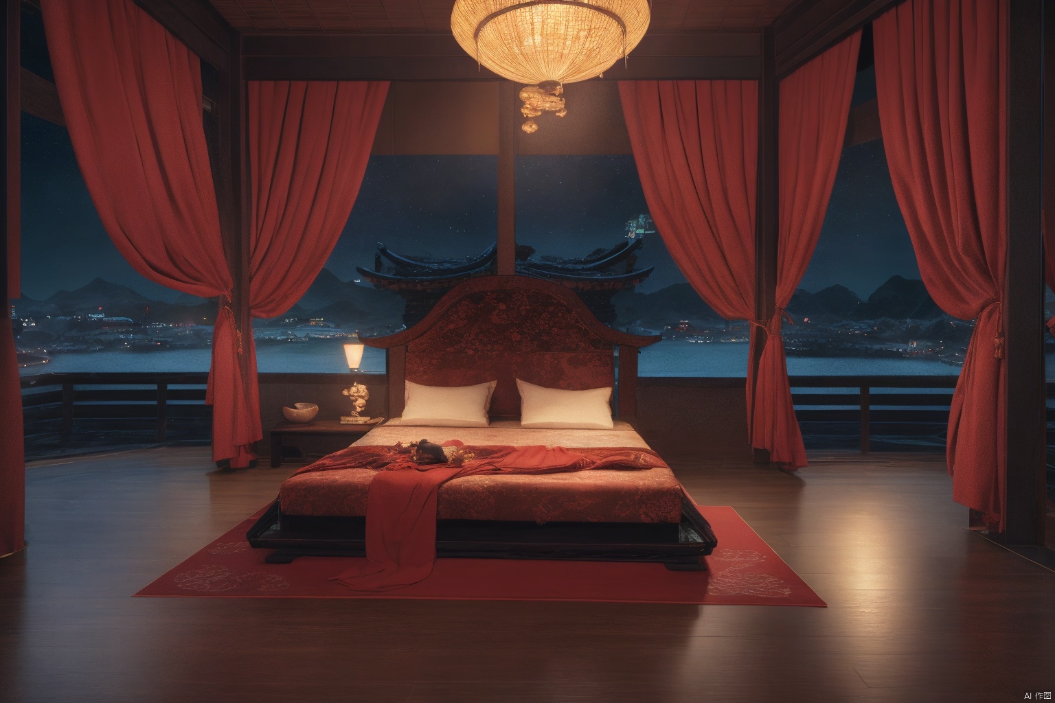 indoors, east asian, 16K CG, 8k, masterpiece, CG, best quality, high detailed, high detailed CG, No logo, no test, no humans, indoors, east asian architecture, big room, curtains, bed, scenery, ancient, ancient architecture, night,