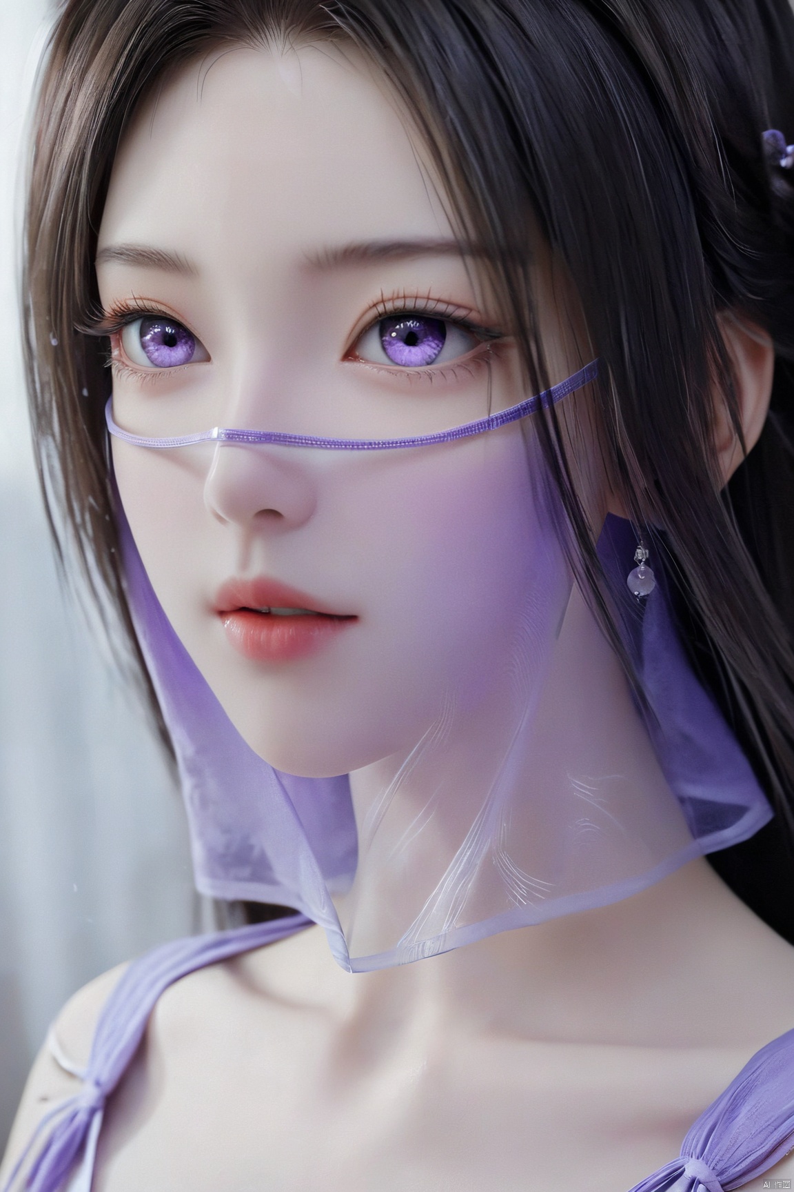  upper_body,macro range,,a girl,mouth gauze,purple eyes, X-ziling,(big breasts:1.59),