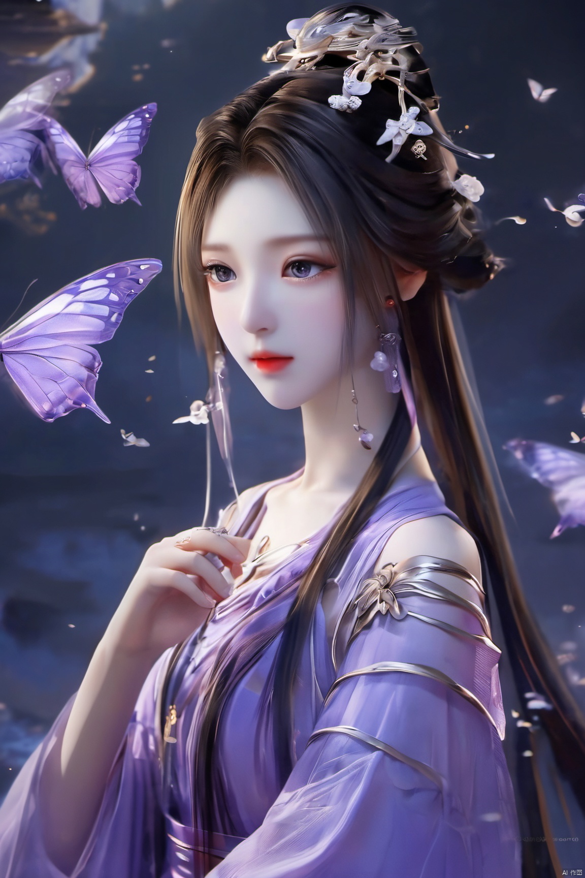  upper_body,macro range,,a girl,mouth gauze,purple eyes, X-ziling, NaGongWan, Water_butterfly, desert_sky, song_hanfu