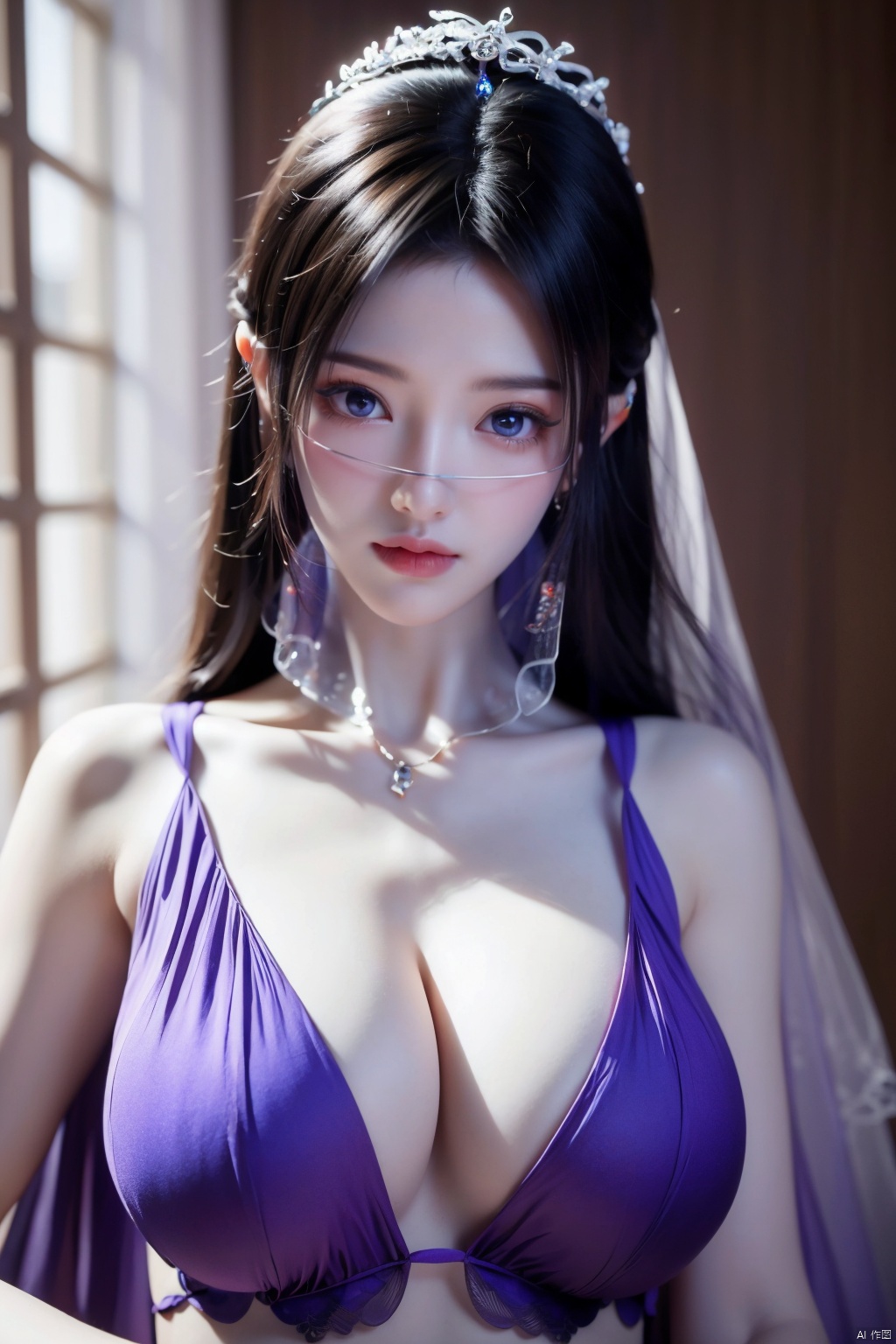 best quality,masterpiece,1girl,solo,long hair,looking at viewer,jewelry,closed mouth,purple eyes,(Purple Veil),purple hair,(big breasts:1.399), ziling_xianzi