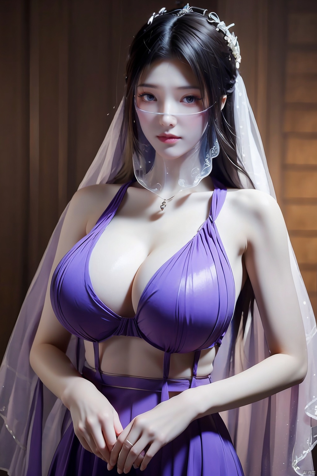 best quality,masterpiece,1girl,solo,long hair,looking at viewer,jewelry,closed mouth,purple eyes,(Purple Veil),purple hair,(big breasts:1.399), ziling_xianzi