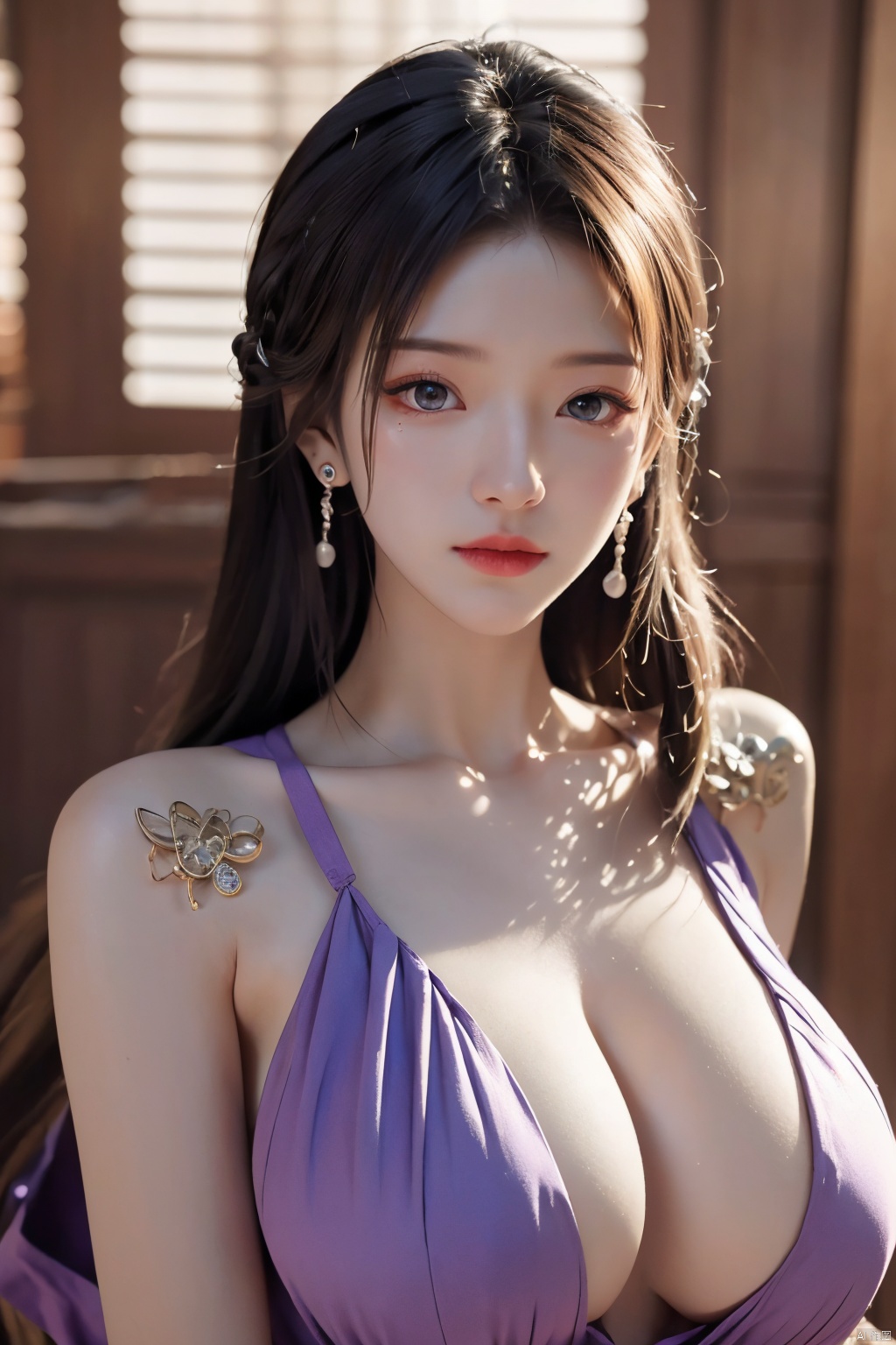 best quality,masterpiece,1girl,solo,long hair,looking at viewer,jewelry,closed mouth,purple eyes,upper body,purple hair,earrings,blurry,blurry background,sunlight,red lips,(big breasts:1.59), ziling_xianzi