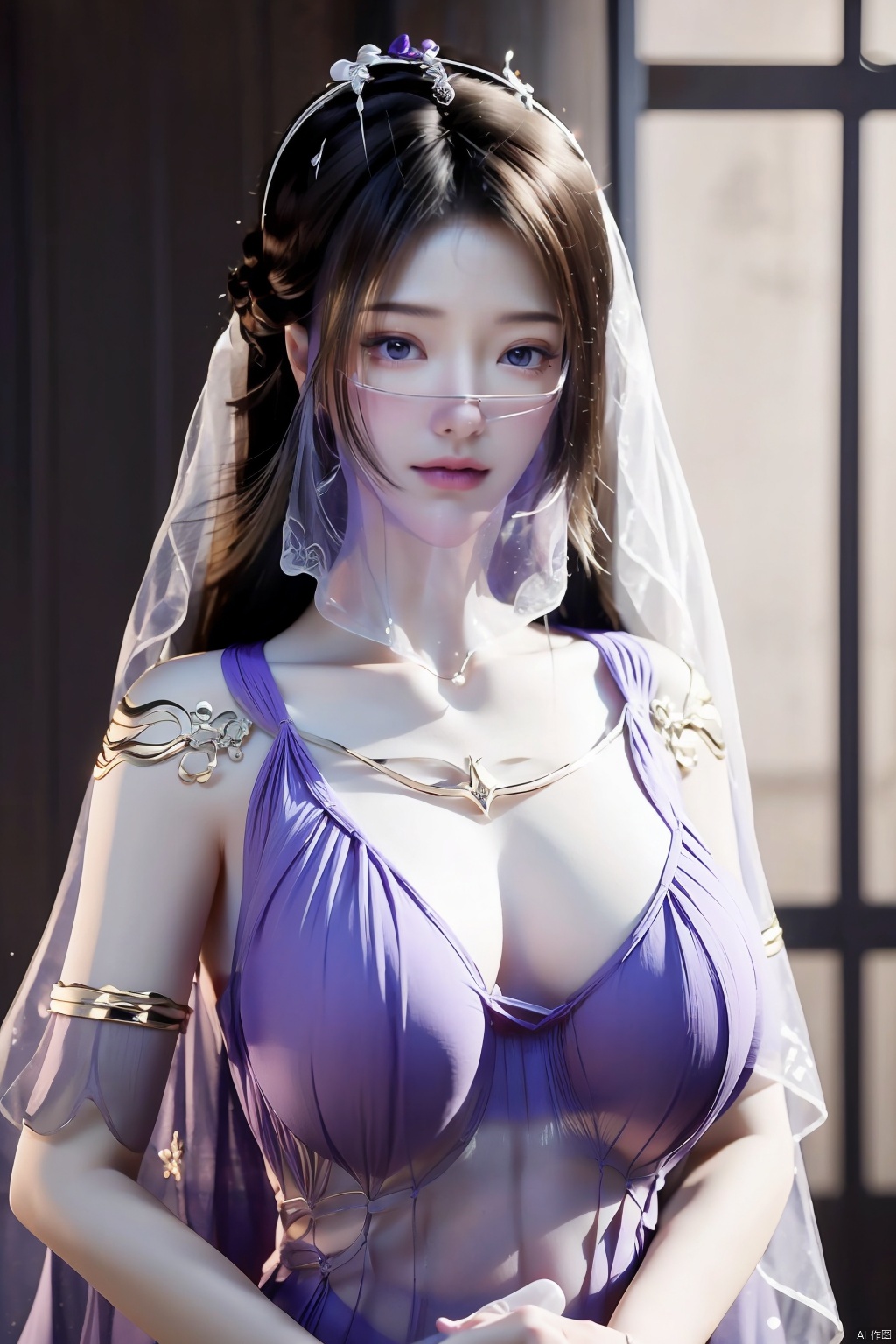 best quality,masterpiece,1girl,solo,long hair,looking at viewer,jewelry,closed mouth,purple eyes,(Purple Veil:1.23),purple hair,(big breasts:1.399), ziling_xianzi