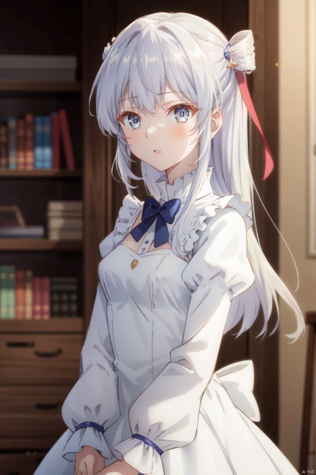 1girl, solo, dress, long hair, grey eyes, parted lips, white dress, puffy sleeves, long sleeves, breasts, grey hair, bangs, blurry background, juliet sleeves, bow, blurry, looking at viewer, small breasts, sketch