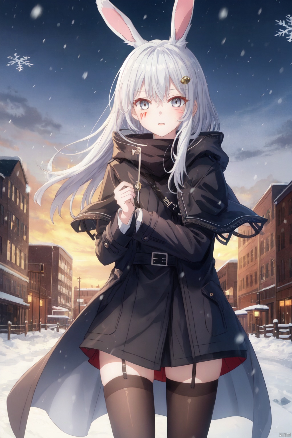 1girl, animal ears, thighhighs, hair over one eye, rabbit ears, hair ornament, outdoors, looking at viewer, hairclip, cowboy shot, scar on face, black thighhighs, coat, scar, grey eyes, zettai ryouiki, snowing, scar on nose, white hair, building, multiple others, snowflakes, open clothes, grey hair, open coat, long hair, city, solo focus, cloak