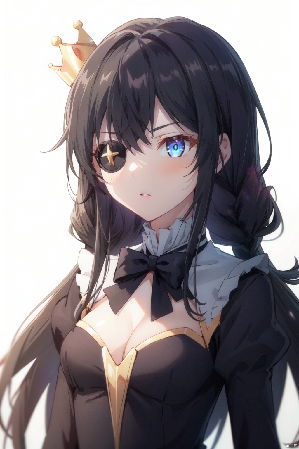1girl, solo, eyepatch, black hair, crown, blue eyes, white background, long hair, bow, black bow, breasts, parted lips, dress, tattoo, upper body, bangs, looking at viewer, simple background, fur trim, black dress, small breasts, braid