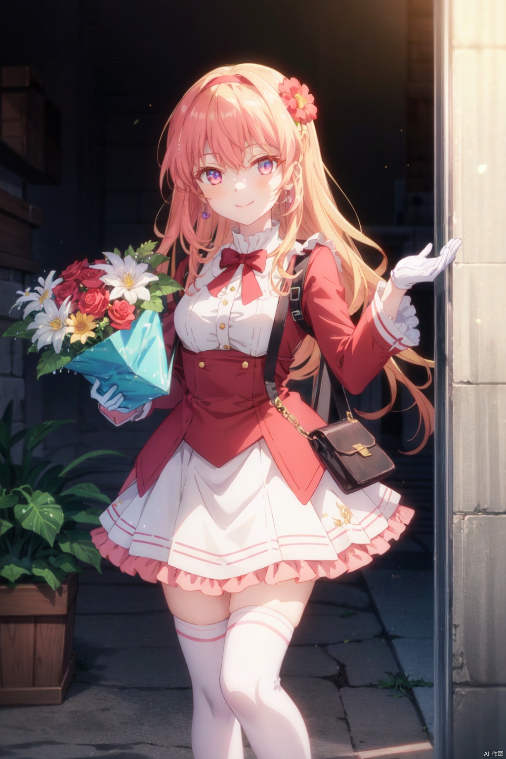 1girl, solo, flower, gloves, long hair, white gloves, looking at viewer, thighhighs, hair flower, hair ornament, smile, hairband, rose, red thighhighs, pink hair, pink eyes, bow, holding, white bow, long sleeves, bangs, red skirt, skirt, white flower, hair between eyes, standing, jacket, watermark, gift, box, frills