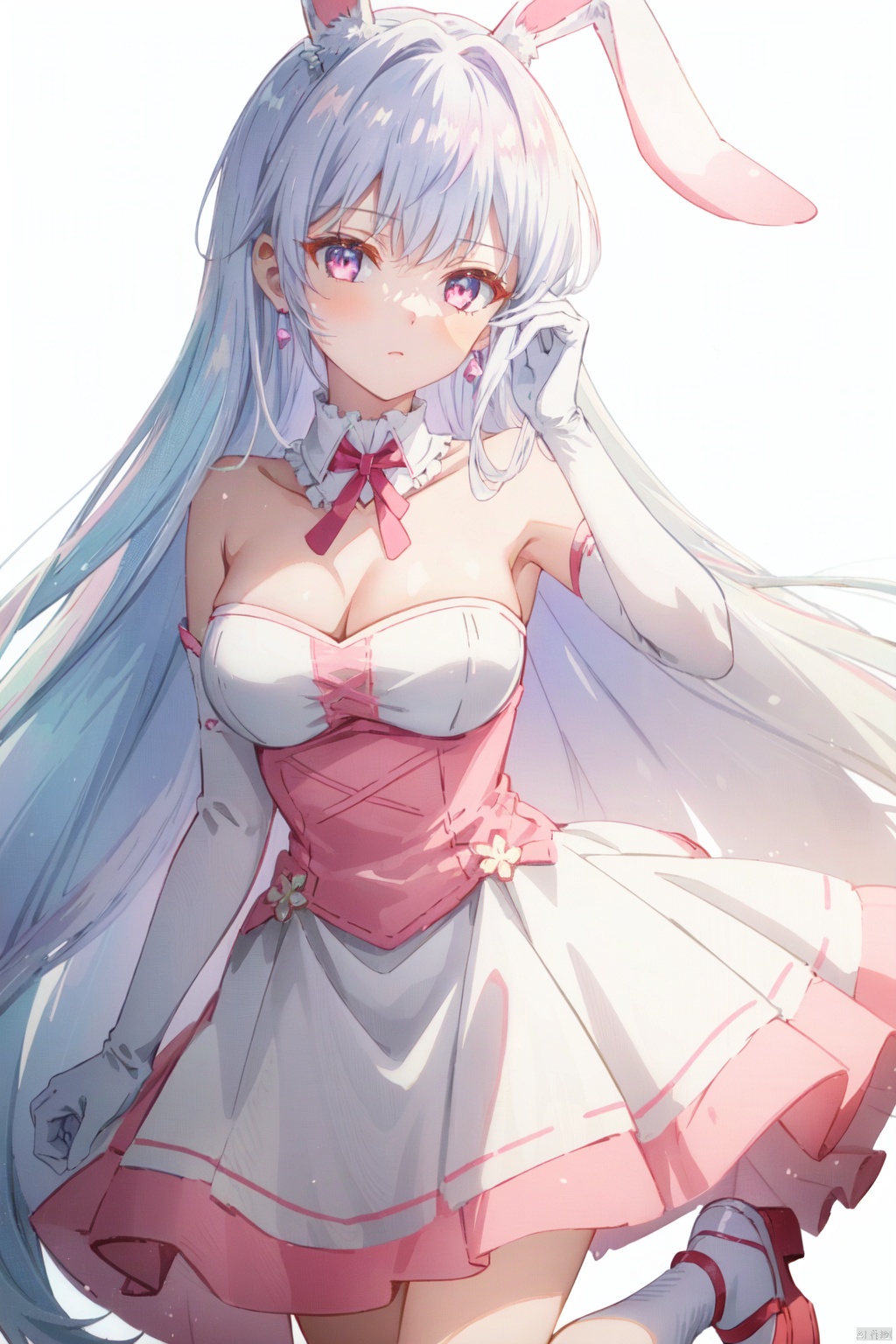 1girl, solo, dress, long hair, rabbit ears, animal ears, white background, bow, looking at viewer, hair bow, simple background, pink hair, bangs, pink eyes, pink bow, ribbon, strapless dress, gloves, bare shoulders, closed mouth, white gloves, strapless, ear piercing, frills, white dress, pink dress, breasts, red ribbon, very long hair, earrings, white footwear, pink ribbon, piercing, frilled dress