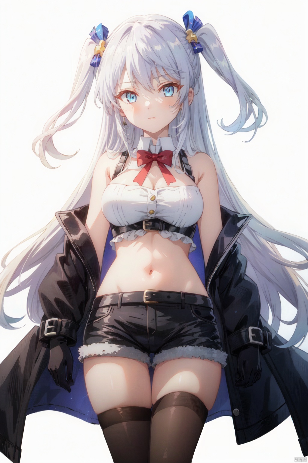 1girl, solo, thighhighs, see-through, long hair, shorts, looking at viewer, chain, white background, blue eyes, black shorts, navel, gloves, two side up, simple background, bangs, hair bow, black thighhighs, black gloves, bow, midriff, bare shoulders, breasts, short shorts, grey hair, white hair