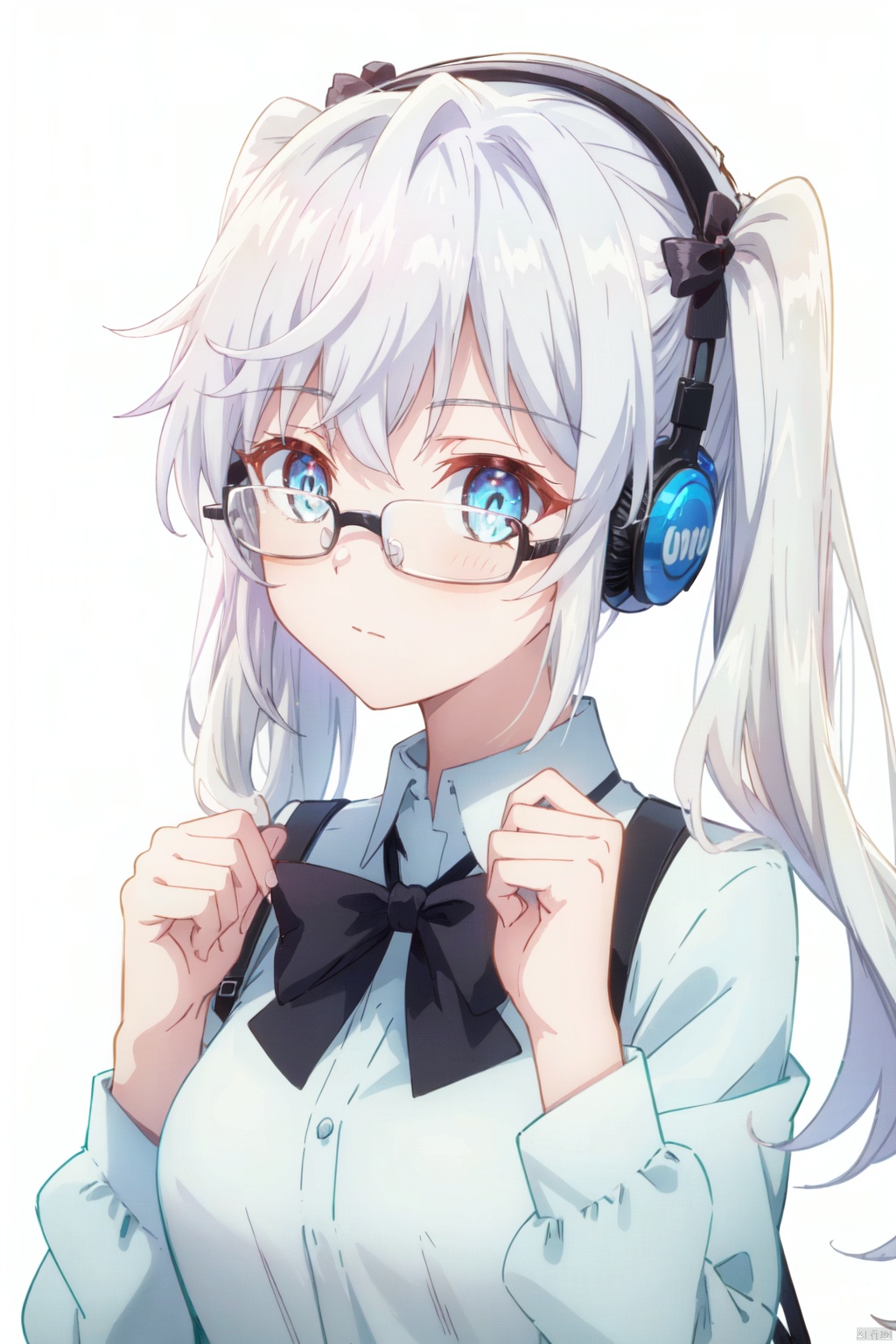 1girl, solo, glasses, blue eyes, white background, looking at viewer, white hair, long hair, bow, bangs, closed mouth, simple background, twintails, holding, hands up, hair bow, headphones, upper body, black bow, adjusting eyewear, shirt