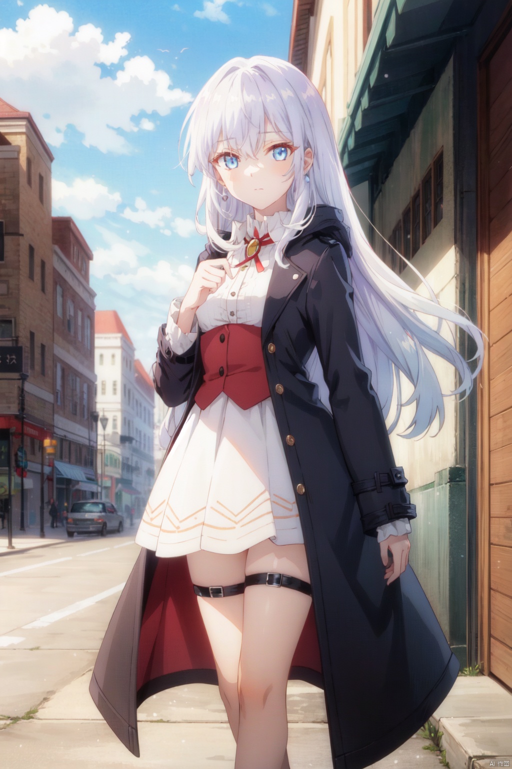 1girl, hair over one eye, blue eyes, solo, long hair, white hair, looking at viewer, building, thigh strap, outdoors, one eye covered, buttons, bird, standing, closed mouth, bangs, coat, sleeves past fingers