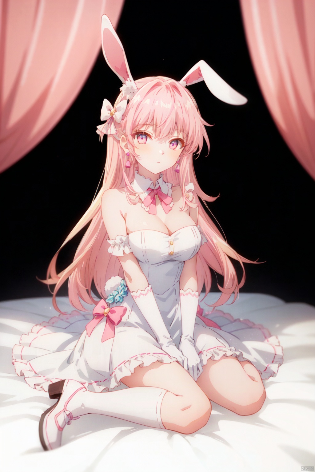 1girl, solo, dress, long hair, rabbit ears, animal ears, white background, bow, looking at viewer, hair bow, simple background, pink hair, bangs, pink eyes, pink bow, ribbon, strapless dress, gloves, bare shoulders, closed mouth, white gloves, strapless, ear piercing, frills, white dress, pink dress, breasts, red ribbon, very long hair, earrings, white footwear, pink ribbon, piercing, frilled dress
