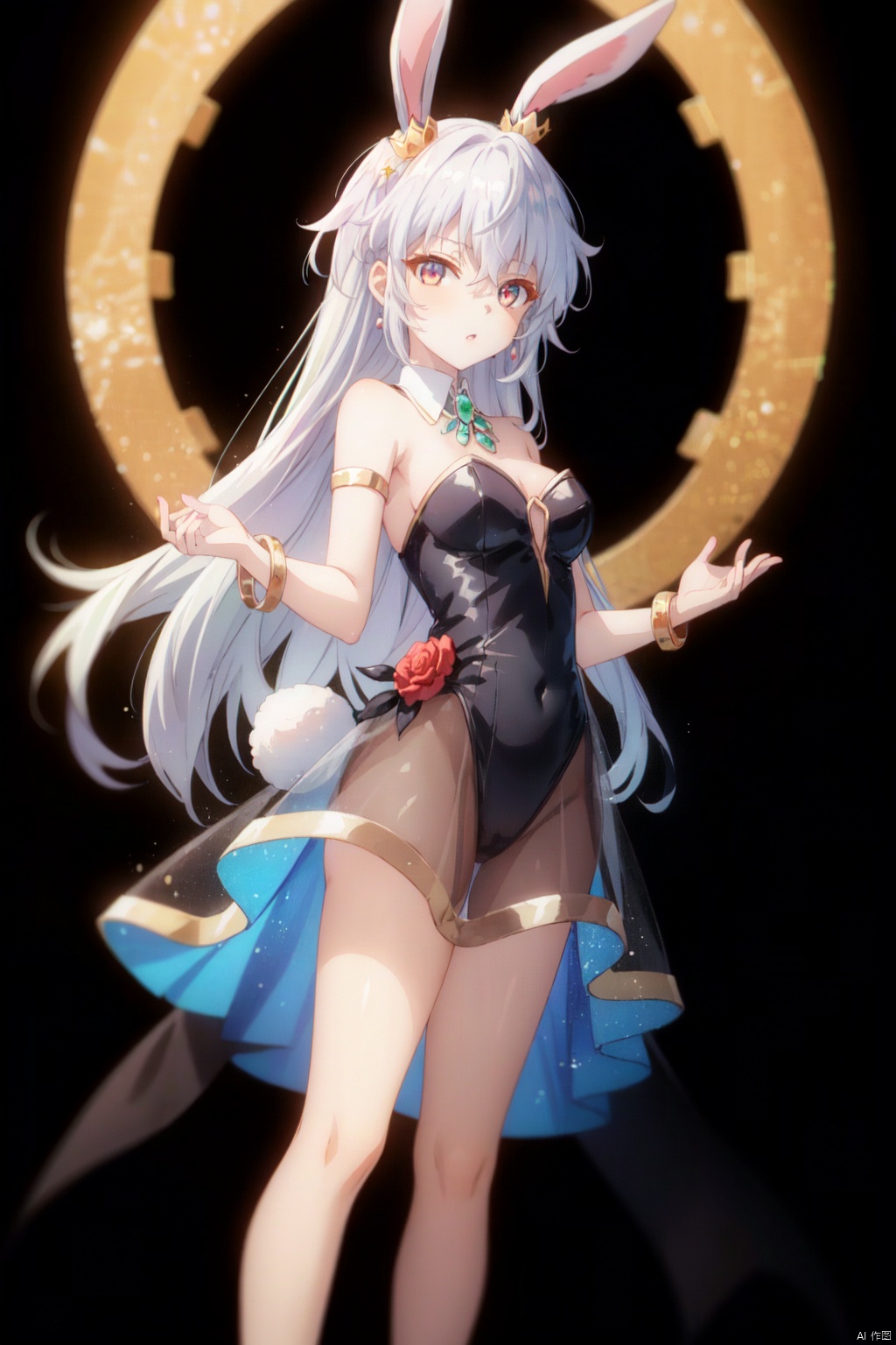 1girl, solo, animal ears, long hair, red eyes, rabbit ears, planet, earth \(planet\), crown, breasts, dress, space, see-through, bangs, very long hair, strapless, bare shoulders, white hair, looking at viewer, medium breasts, feet out of frame, bracelet, leotard, black background, floating, grey dress, thighs, strapless dress, parted lips, rabbit girl, grey hair, mini crown, see-through dress, hair between eyes, jewelry, ass, bare legs