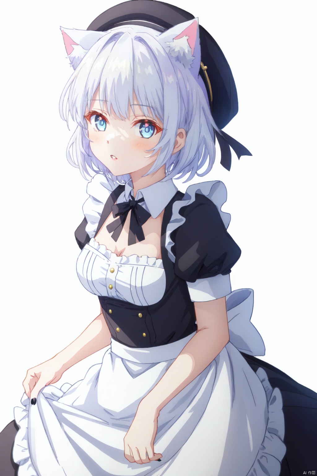 1girl, solo, animal ears, blue eyes, short sleeves, white hair, apron, maid, dress, puffy sleeves, puffy short sleeves, looking at viewer, cat ears, ribbon, skirt hold, bangs, flower, bow, white apron, black ribbon, cowboy shot, short hair, black dress, black nails, white background, white flower, blunt bangs, parted lips, medium hair, black bow, hair bow, neck ribbon, hat, breasts, frills, maid apron
