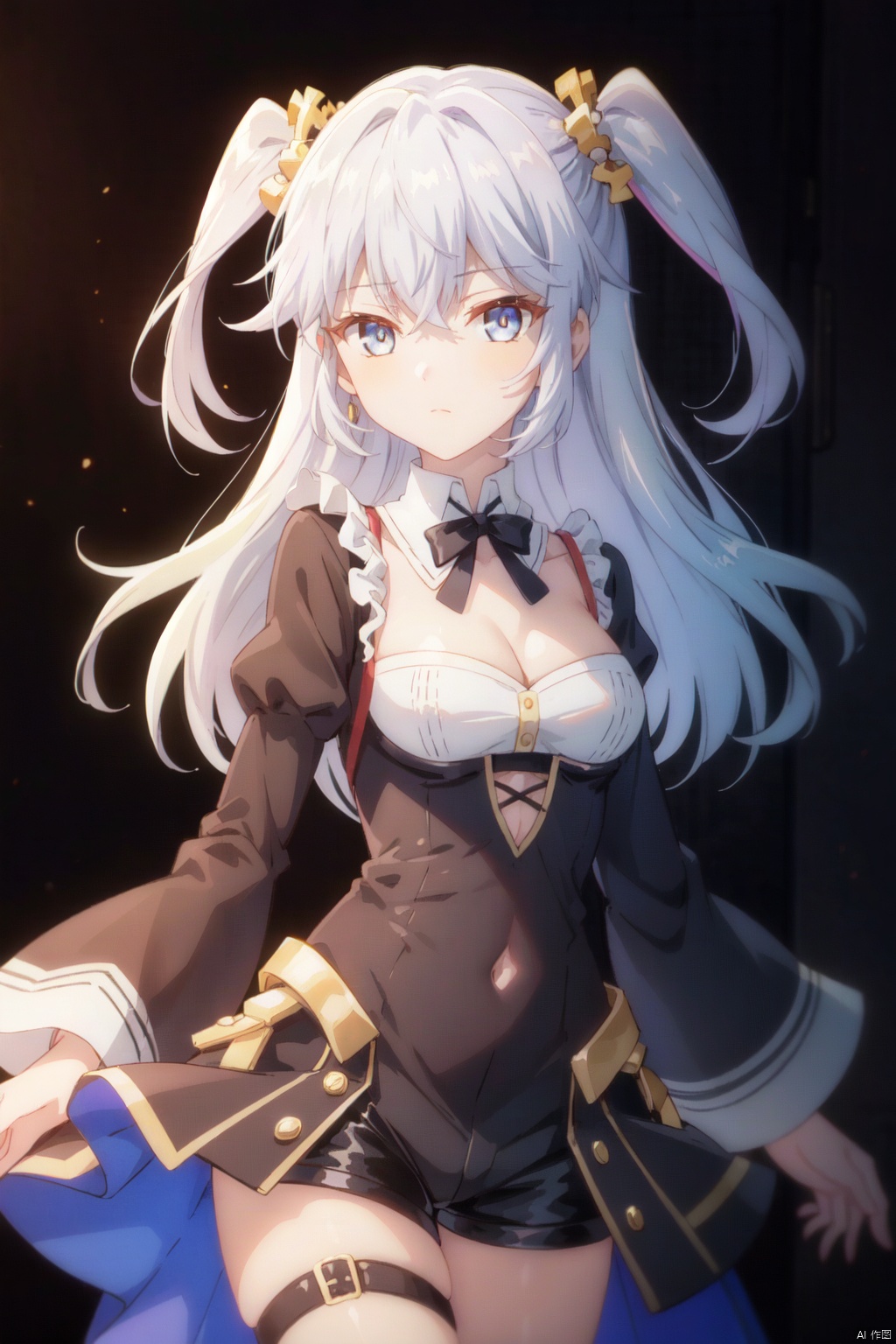 1girl, solo, long hair, breasts, white background, looking at viewer, grey hair, simple background, grey eyes, dress, cowboy shot, cleavage, black dress, shorts, long sleeves, covered navel, closed mouth, small breasts, thigh strap, bangs, black hair, black shorts, multicolored hair, hair between eyes, wide sleeves, two side up, medium breasts, ribbon, hair bow, short shorts
