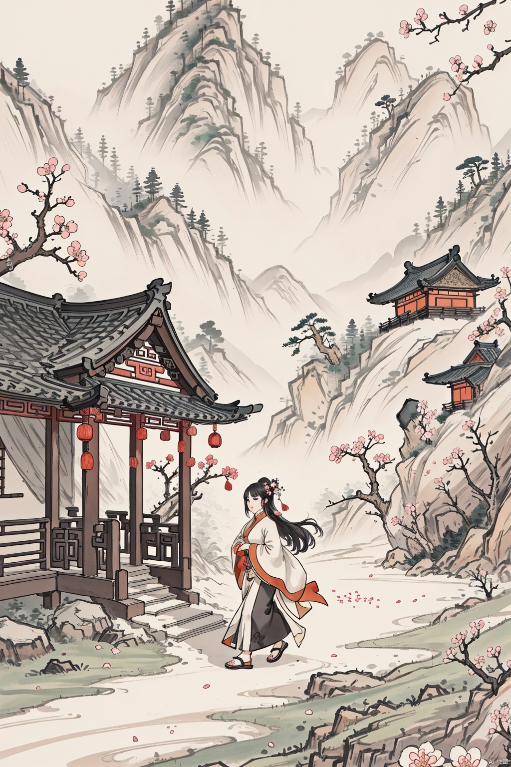  Chinese,Chinese ink wash landscape painting style,jieqi,guohuashanshui,Continuous mountain ridges,footprints,straw sandals,dusk descending,walking on the path home,a plum blossom tree flourishing on a branch,blossoming flowers,essence of spring,(best quality, 4k, 8k, highres, masterpiece:1.2),ultra-detailed,(realistic, photorealistic, photo-realistic:1.37),tranquil journey,(evening's glow:1.1),(return to warmth:1.1),(spring's arrival:1.1),(floral fragrance:1.1),(rustic beauty:1.1),(pathway to solace:1.1),(harmony with nature:1.1),(timeless landscape:1.1),(sense of belonging:1.1),(seasonal bloom:1.1),(simplicity of life:1.1),(serene ambiance:1.1),(glimmer of hope:1.1),(renewal and growth:1.1),(end of day solitude:1.1),(heartening journey:1.1),(embrace of homecoming:1.1),(symbol of perseverance:1.1),(whispers of spring:1.1),(poetic scenery:1.1), xian, chinese style, guofeng,Mythology, Chinese style, landscape painting, jzcg036, AI Ink Landscape,