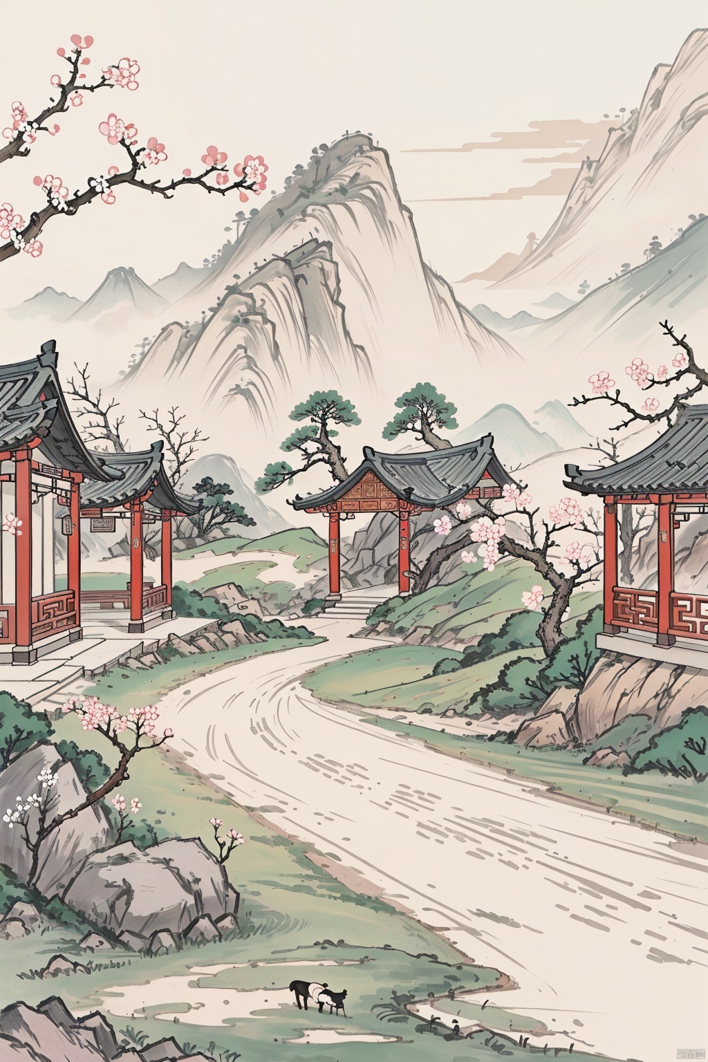  Chinese,Chinese ink wash landscape painting style,jieqi,guohuashanshui,Continuous mountain ridges,footprints,straw sandals,dusk descending,walking on the path home,a plum blossom tree flourishing on a branch,blossoming flowers,essence of spring,(best quality, 4k, 8k, highres, masterpiece:1.2),ultra-detailed,(realistic, photorealistic, photo-realistic:1.37),tranquil journey,(evening's glow:1.1),(return to warmth:1.1),(spring's arrival:1.1),(floral fragrance:1.1),(rustic beauty:1.1),(pathway to solace:1.1),(harmony with nature:1.1),(timeless landscape:1.1),(sense of belonging:1.1),(seasonal bloom:1.1),(simplicity of life:1.1),(serene ambiance:1.1),(glimmer of hope:1.1),(renewal and growth:1.1),(end of day solitude:1.1),(heartening journey:1.1),(embrace of homecoming:1.1),(symbol of perseverance:1.1),(whispers of spring:1.1),(poetic scenery:1.1), xian, chinese style, guofeng,Mythology, Chinese style, landscape painting, jzcg036, AI Ink Landscape,