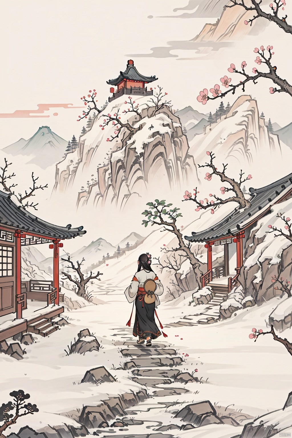  Chinese,Chinese ink wash landscape painting style,jieqi,guohuashanshui,Continuous mountain ridges,footprints,straw sandals,dusk descending,walking on the path home,a plum blossom tree flourishing on a branch,blossoming flowers,essence of spring,(best quality, 4k, 8k, highres, masterpiece:1.2),ultra-detailed,(realistic, photorealistic, photo-realistic:1.37),tranquil journey,(evening's glow:1.1),(return to warmth:1.1),(spring's arrival:1.1),(floral fragrance:1.1),(rustic beauty:1.1),(pathway to solace:1.1),(harmony with nature:1.1),(timeless landscape:1.1),(sense of belonging:1.1),(seasonal bloom:1.1),(simplicity of life:1.1),(serene ambiance:1.1),(glimmer of hope:1.1),(renewal and growth:1.1),(end of day solitude:1.1),(heartening journey:1.1),(embrace of homecoming:1.1),(symbol of perseverance:1.1),(whispers of spring:1.1),(poetic scenery:1.1), xian, chinese style, guofeng,Mythology, Chinese style, landscape painting, jzcg036, AI Ink Landscape,