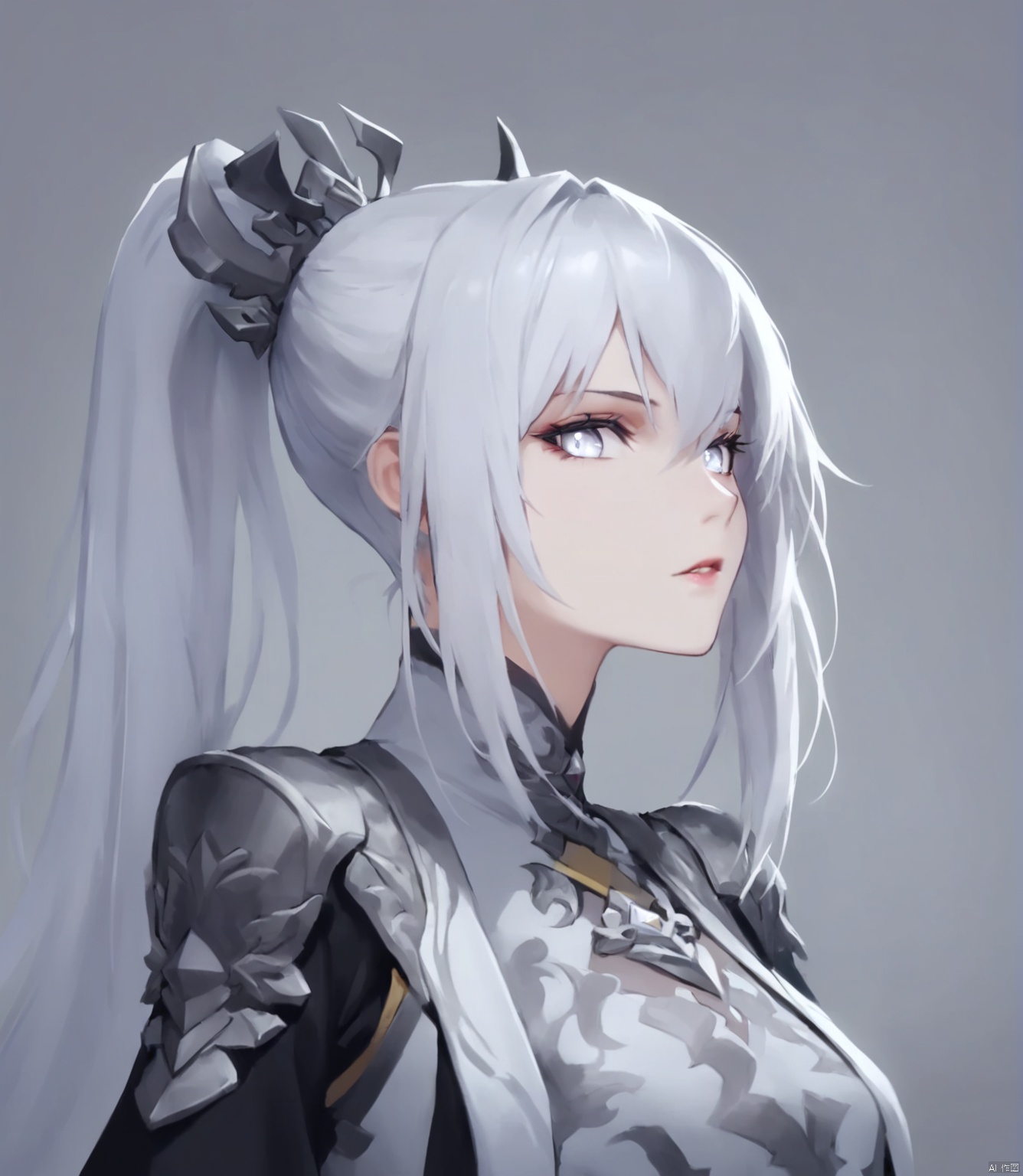 solo, highly detailed, cinematic highlight hair, (best quality), ((masterpiece)),1girl, white hair,simple_background, long hair,miaoying,ponytail,white eyes,looking_at_viewer,