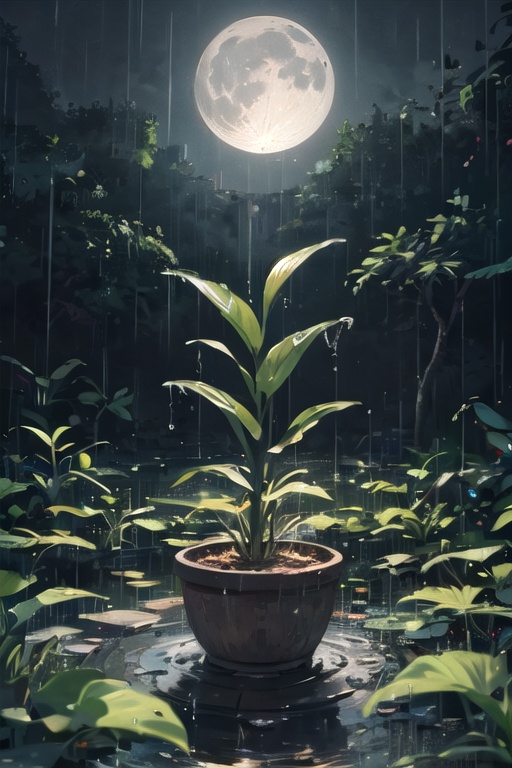 Create a captivating and enchanting scene featuring a plant in the rain under the moonlight. Develop a series of artworks...