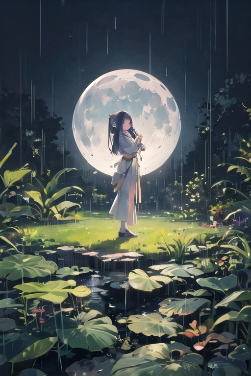 Create a captivating and enchanting scene featuring a plant in the rain under the moonlight. Develop a series of artworks...