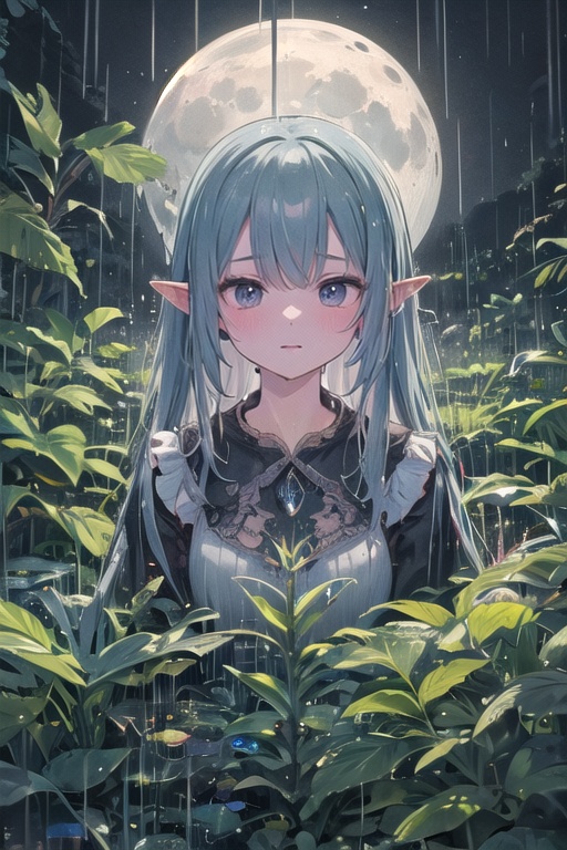 Create a captivating and enchanting scene featuring a plant in the rain under the moonlight. Develop a series of artworks...