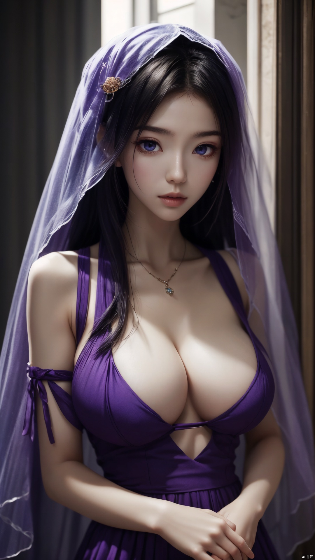 best quality,masterpiece,1girl,solo,long hair,looking at viewer,jewelry,closed mouth,purple eyes,Purple Veil,purple hair,(big breasts:1.59), ziling_xianzi