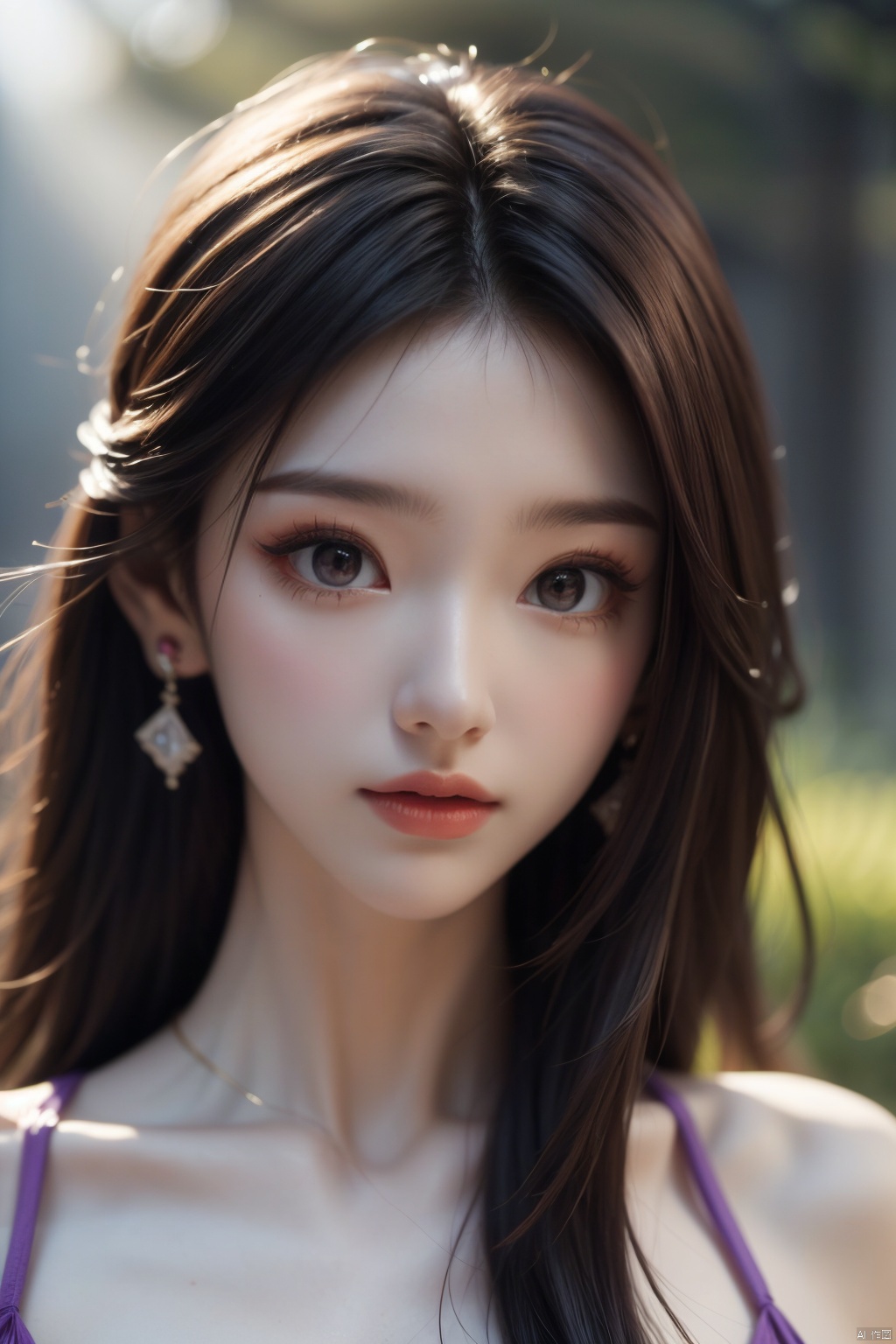 best quality,masterpiece,1girl,solo,long hair,looking at viewer,jewelry,closed mouth,purple eyes,upper body,purple hair,earrings,blurry,blurry background,sunlight,red lips,(big breasts:1.59), ziling_xianzi