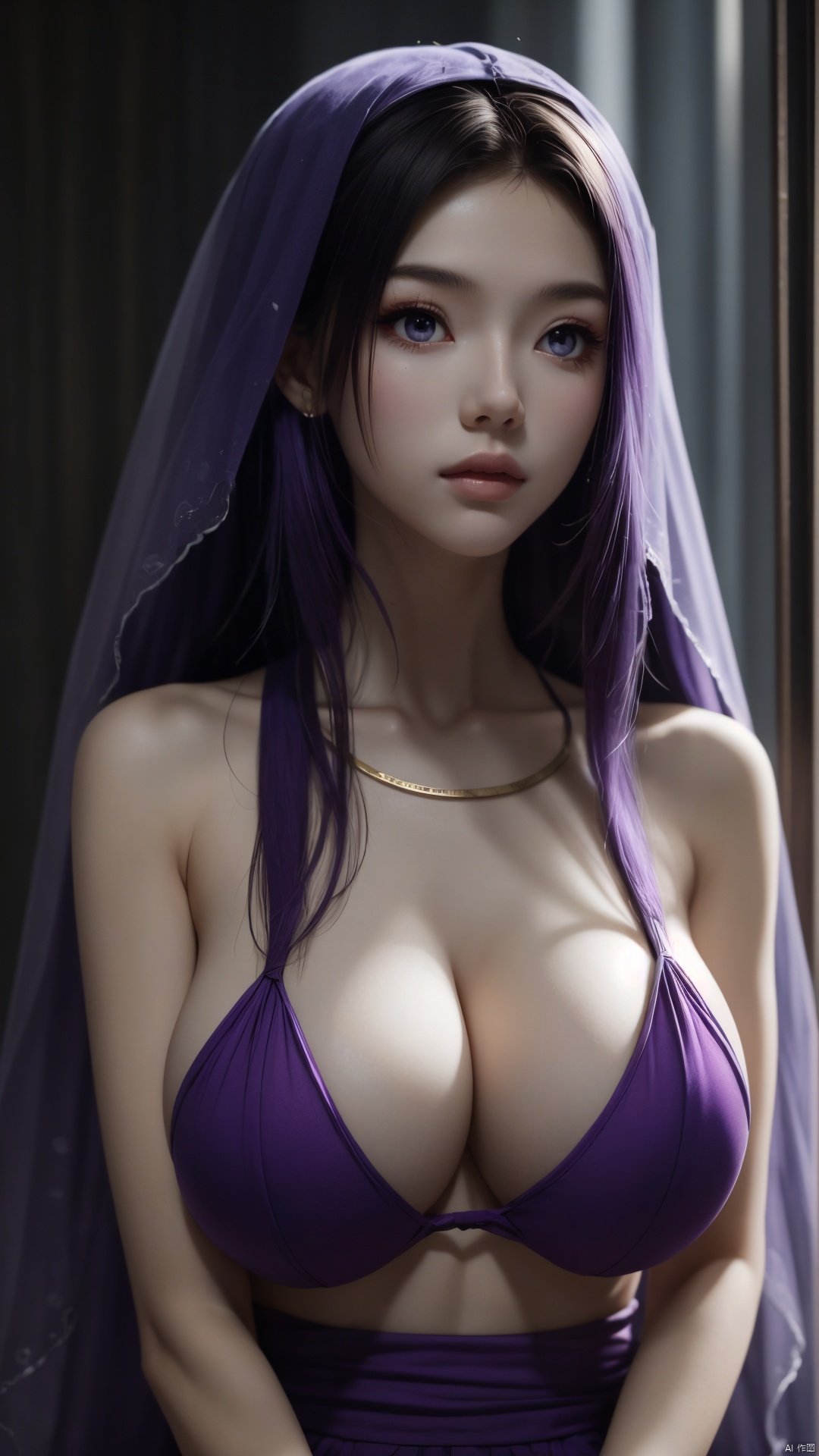 best quality,masterpiece,1girl,solo,long hair,looking at viewer,jewelry,closed mouth,purple eyes,Purple Veil,purple hair,(big breasts:1.59), ziling_xianzi