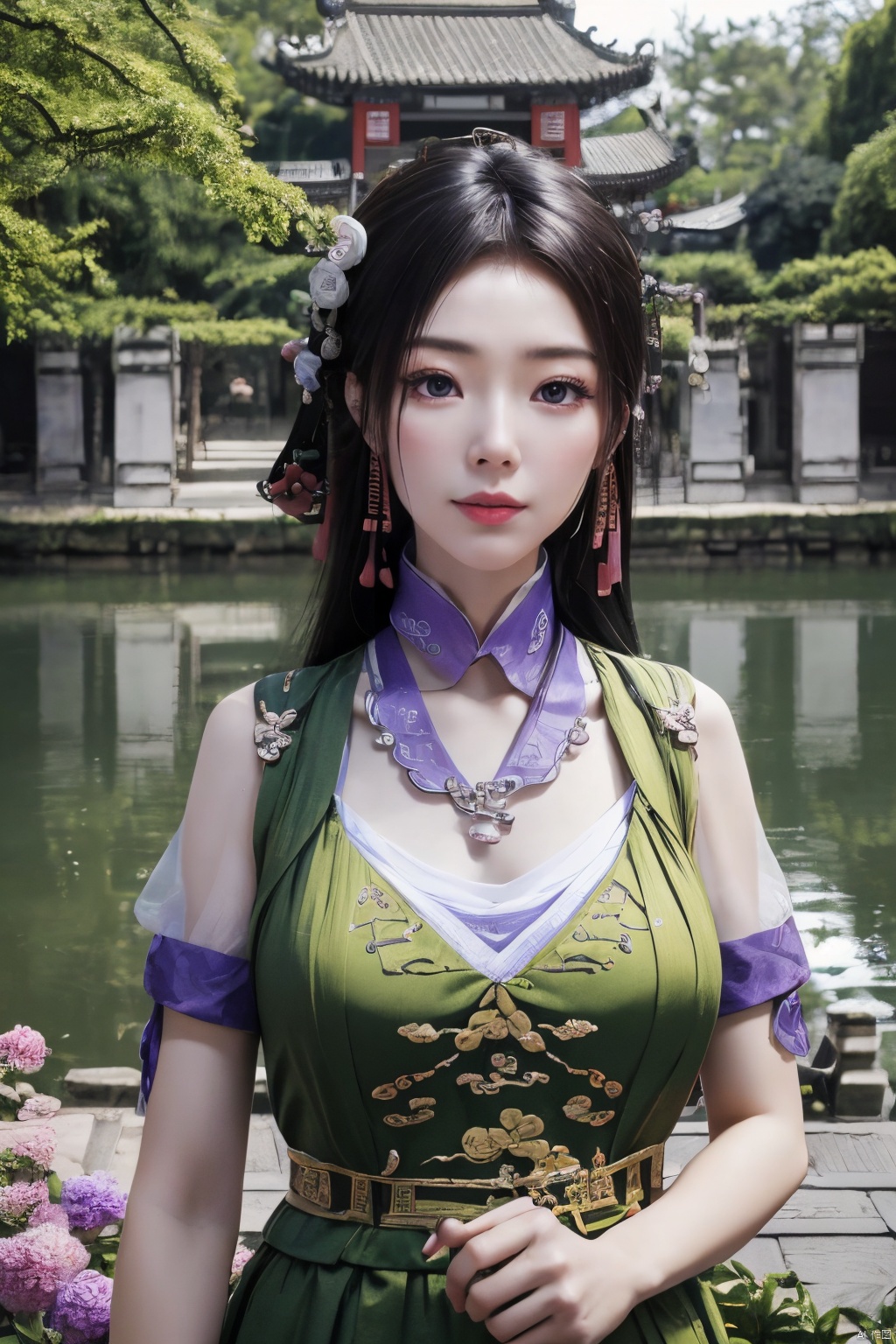 best quality,masterpiece,a girl,mouth gauze,purple eyes, X-ziling,(big breasts),,(Ancient Chinese architecture, Suzhou gardens, gardens full of flowers:1.3),