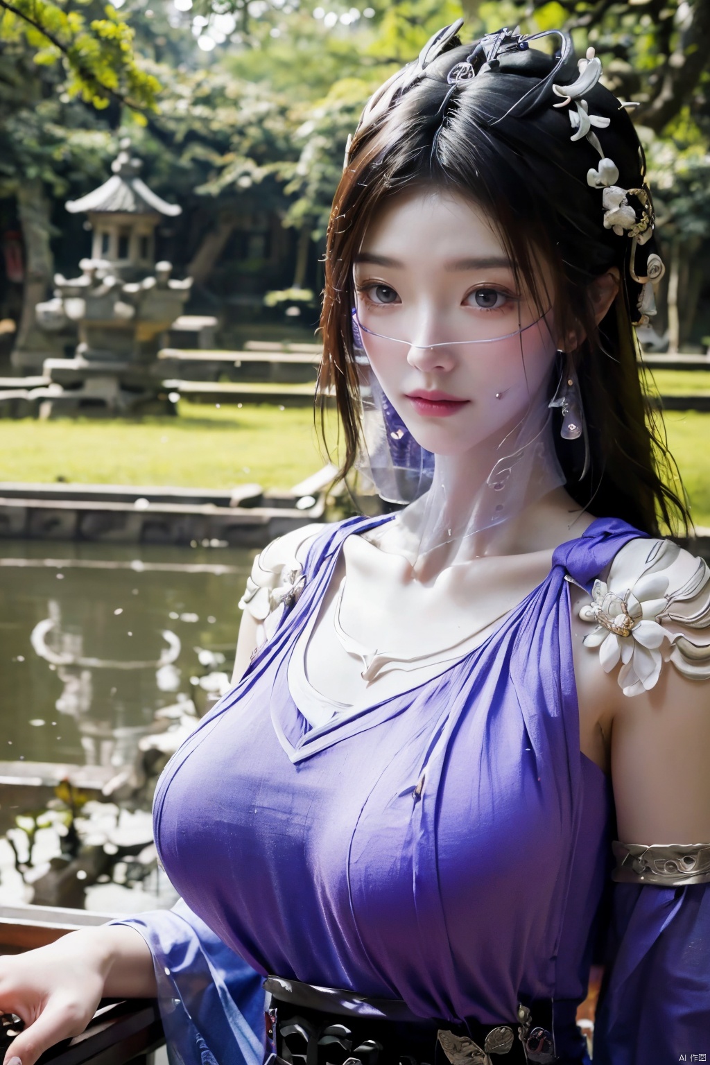 best quality,masterpiece,a girl,face veil,purple eyes, (X-ziling),(big breasts:1.23),,(Ancient Chinese architecture, Suzhou gardens, gardens full of flowers:1.3),