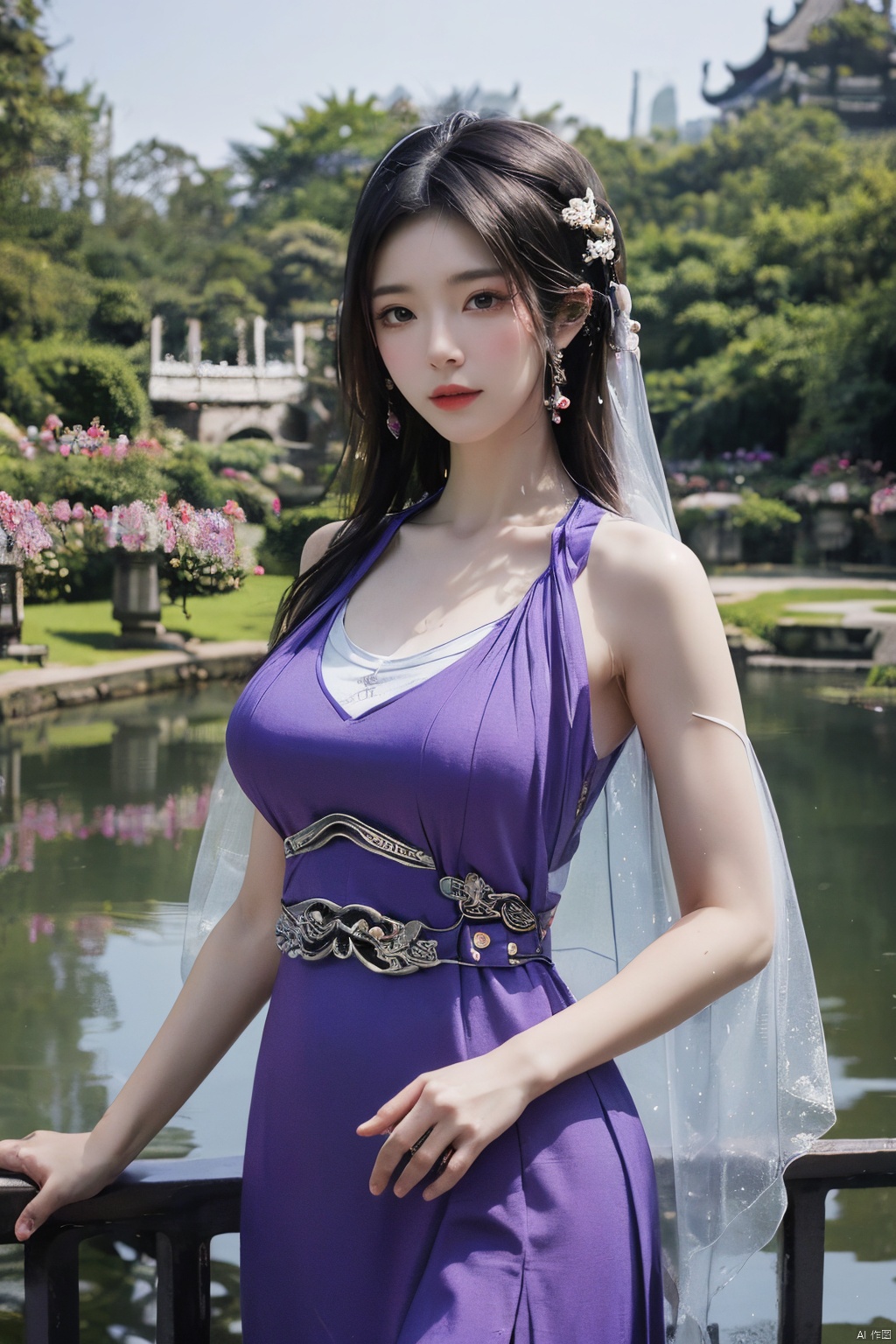 best quality,masterpiece,a girl,transparent veil,purple eyes, (X-ziling),(big breasts:1.23),,(Ancient Chinese architecture, Suzhou gardens, gardens full of flowers:1.3),