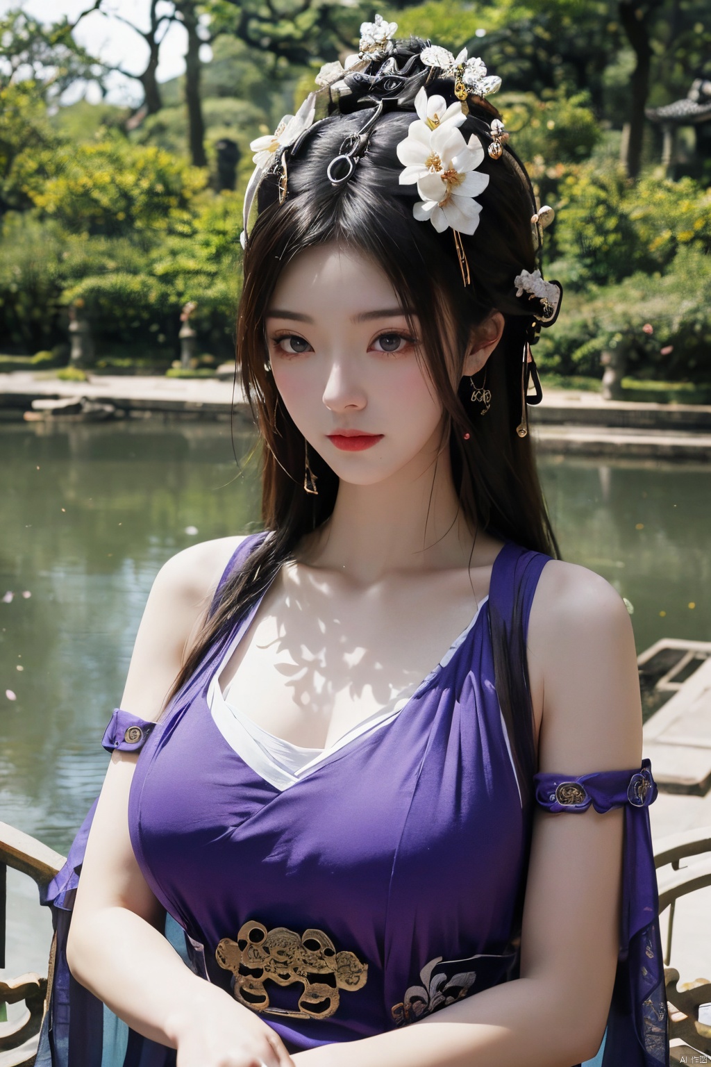 best quality,masterpiece,a girl,mouth gauze,purple eyes, (X-ziling),(big breasts:1.23),,(Ancient Chinese architecture, Suzhou gardens, gardens full of flowers:1.3),