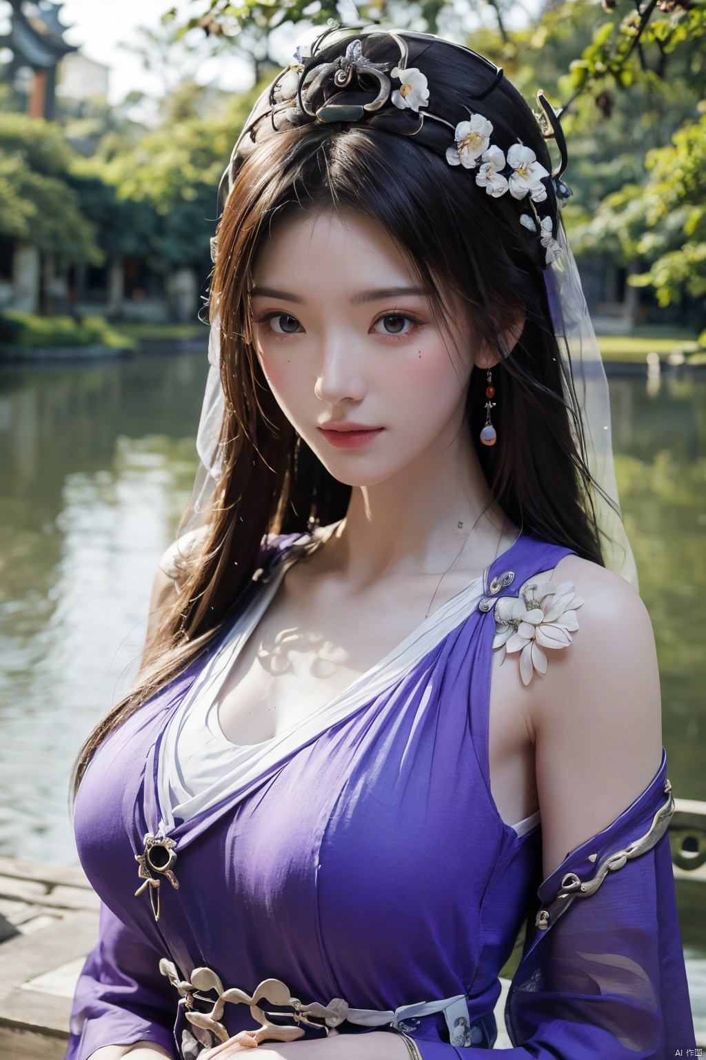 best quality,masterpiece,a girl,face veil,purple eyes, (X-ziling),(big breasts:1.23),,(Ancient Chinese architecture, Suzhou gardens, gardens full of flowers:1.3),