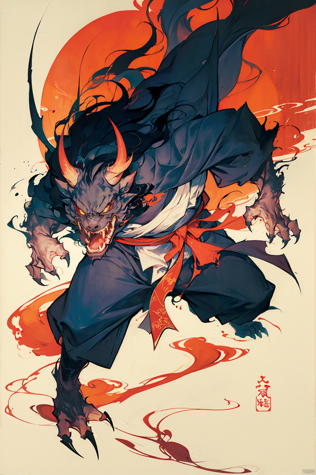 solo, long hair, open mouth, black hair, long sleeves, 1boy, holding, full body, weapon, male focus, japanese clothes, horns, sword, kimono, holding weapon, sash, fangs, sharp teeth, claws, sharp fingernails,cmwl