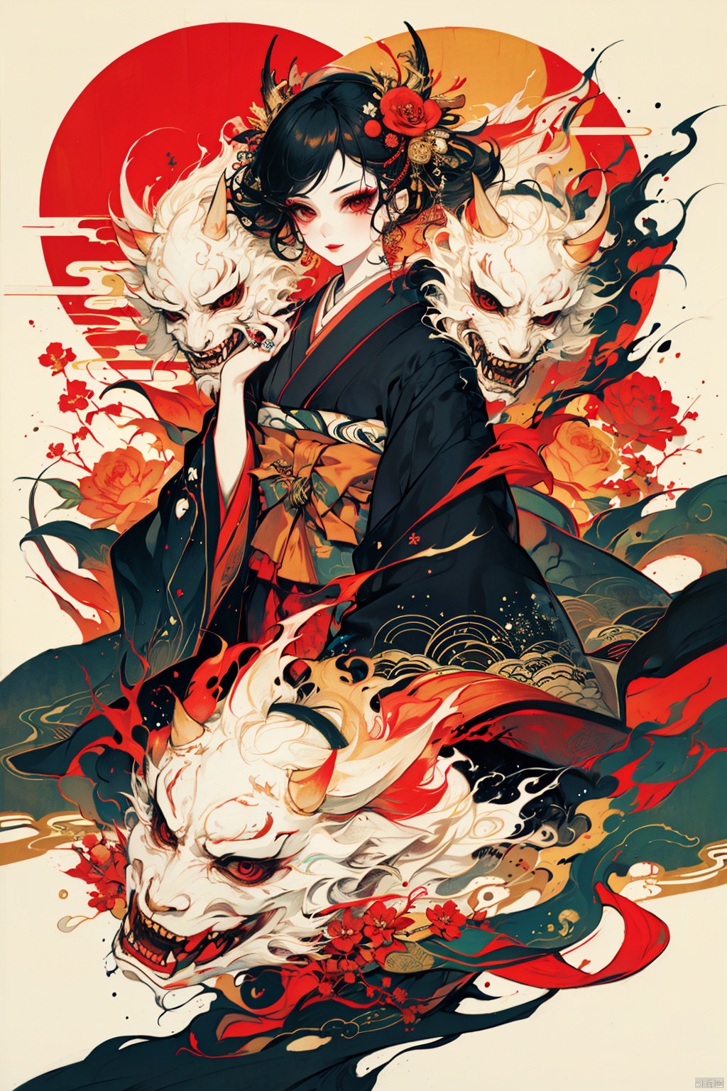 1girl, solo, looking at viewer, black hair, hair ornament, red eyes, long sleeves, jewelry, flower, japanese clothes, hair flower, kimono, tattoo, makeup, mask, ring, eyeshadow, red lips, hair stick, black kimono, kanzashi, oni mask,cmwl