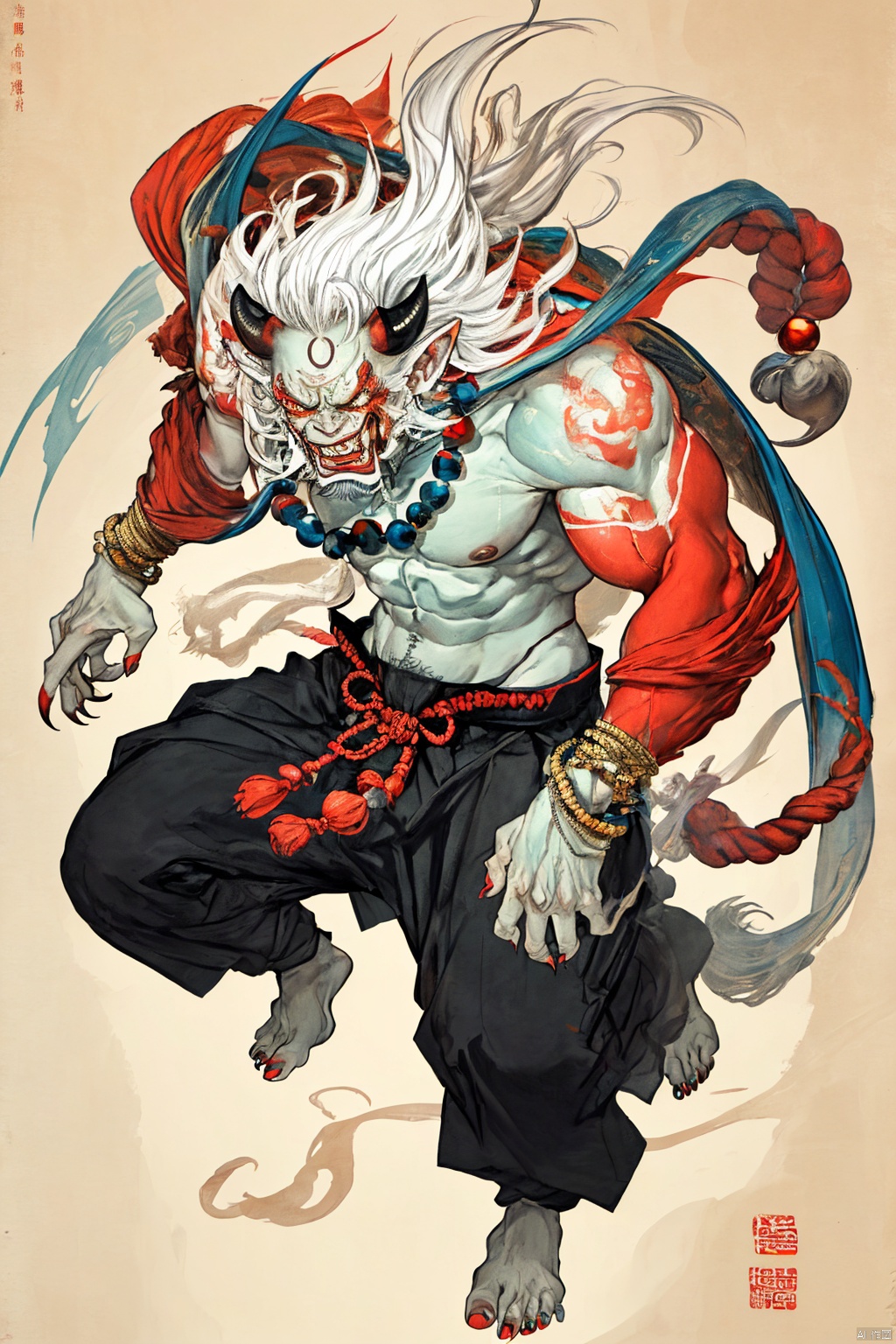 cmwl,solo, long hair, 1boy, jewelry, full body, white hair, male focus, horns, teeth, necklace, bracelet, fingernails, mask, muscular, floating hair, colored skin, facial hair, fangs, muscular male, rope, claws, beard, colored sclera, beads, oni, sharp fingernails, chinese text, red skin, prayer beads, tusks, sharp toenails