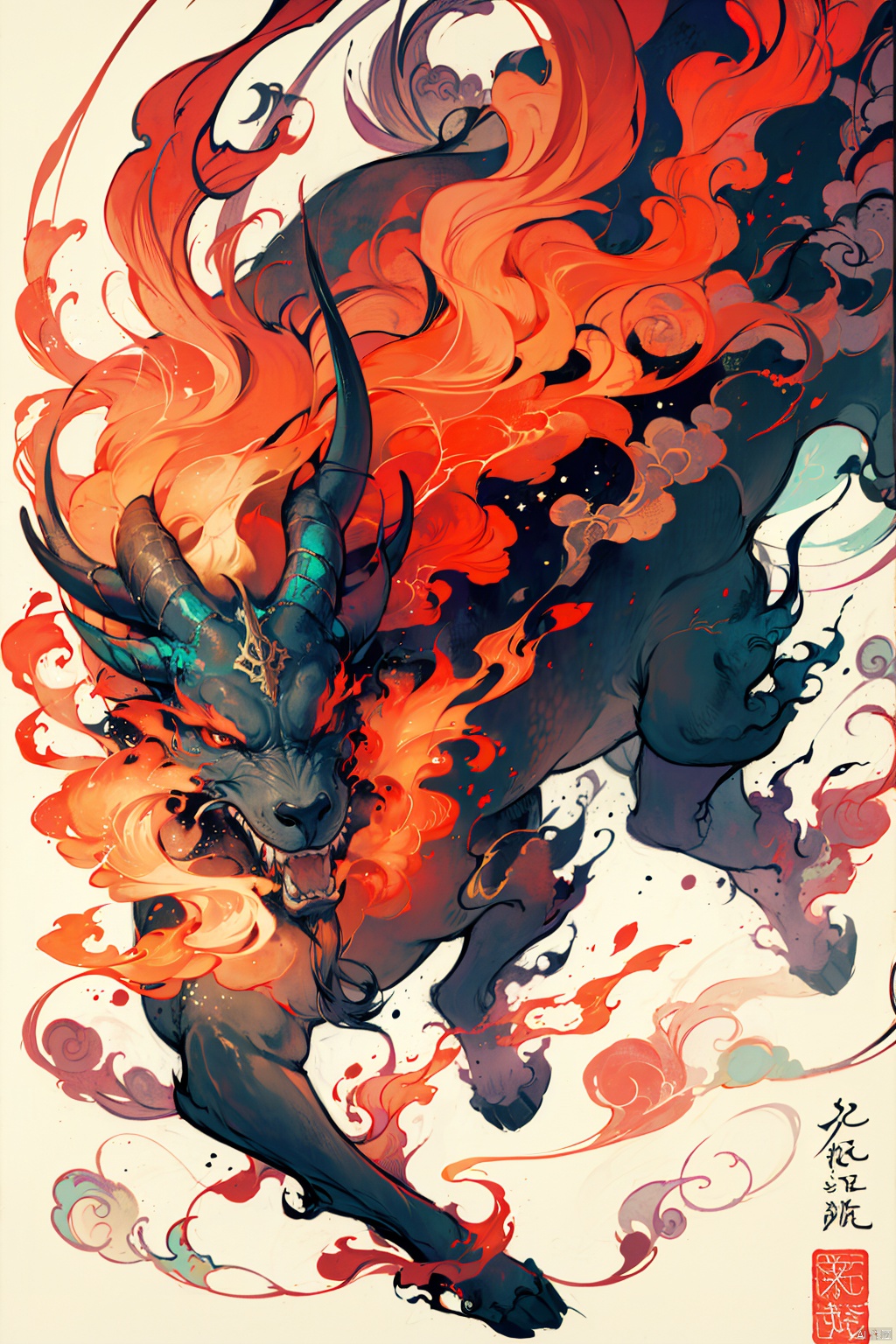 solo, open mouth, full body, horns, teeth, no humans, fire,cmwl