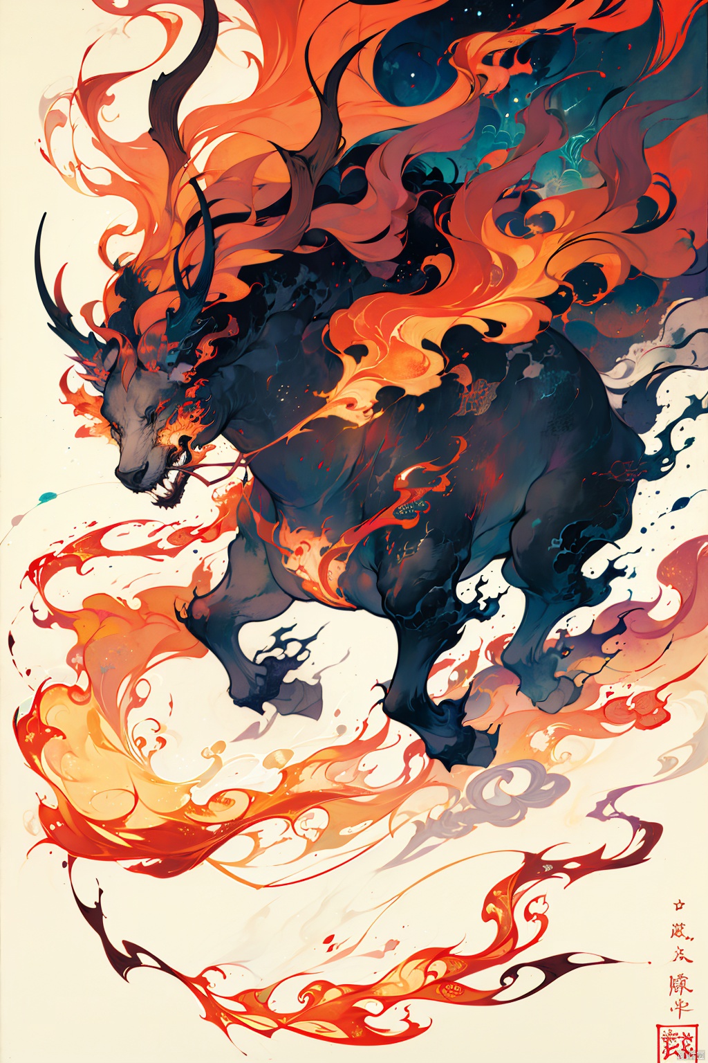 solo, full body, horns, no humans, fire, fiery hair,cmwl