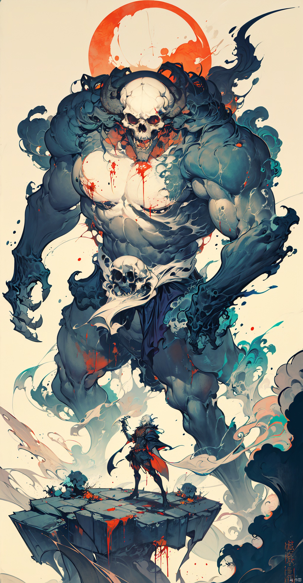 Monster,A boy, standing, long legs, long white hair, red eyes, big eyes, blood, horns, claws, powerful muscles, boys, fierceness, skeletons,There are three skulls around, tall and strong.