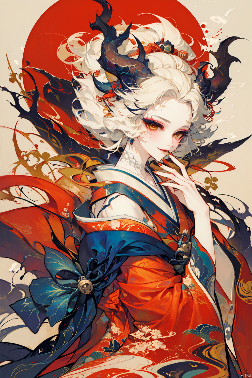 1girl, solo, looking at viewer, smile, blonde hair, hair ornament, yellow eyes, upper body, white hair, japanese clothes, horns, hand up, kimono, fingernails, sash, makeup, obi, floral print, eyeshadow, dragon, sharp fingernails, hair stick, licking finger, kanzashi,cmwl