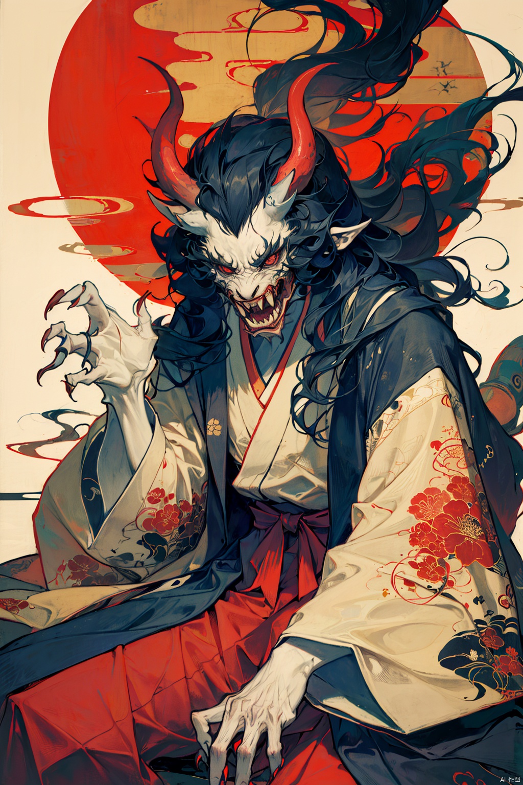 solo, long hair, looking at viewer, black hair, red eyes, 1boy, sitting, male focus, japanese clothes, horns, teeth, pointy ears, hand up, wide sleeves, kimono, fingernails, colored skin, fangs, floral print, sharp teeth, hakama, hakama skirt, claws, sharp fingernails, haori,cmwl