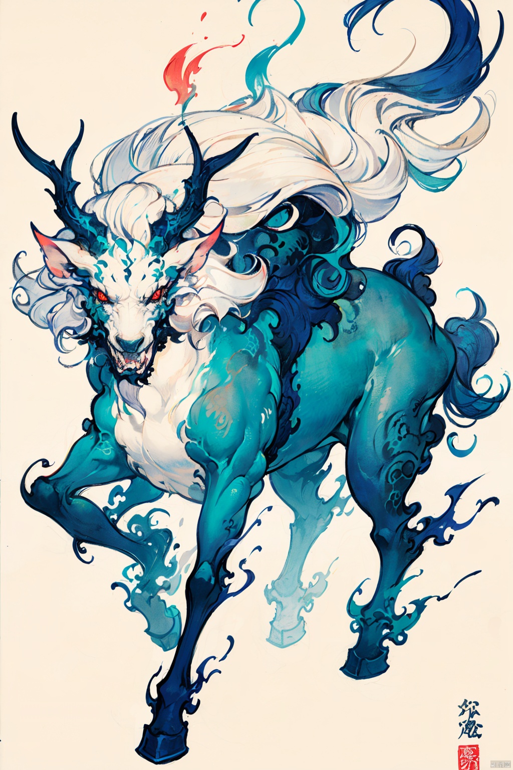 solo, simple background, red eyes, white background, full body, long legs,white hair, horns, fangs, colored sclera, red horns, taur，Stand, female monster
