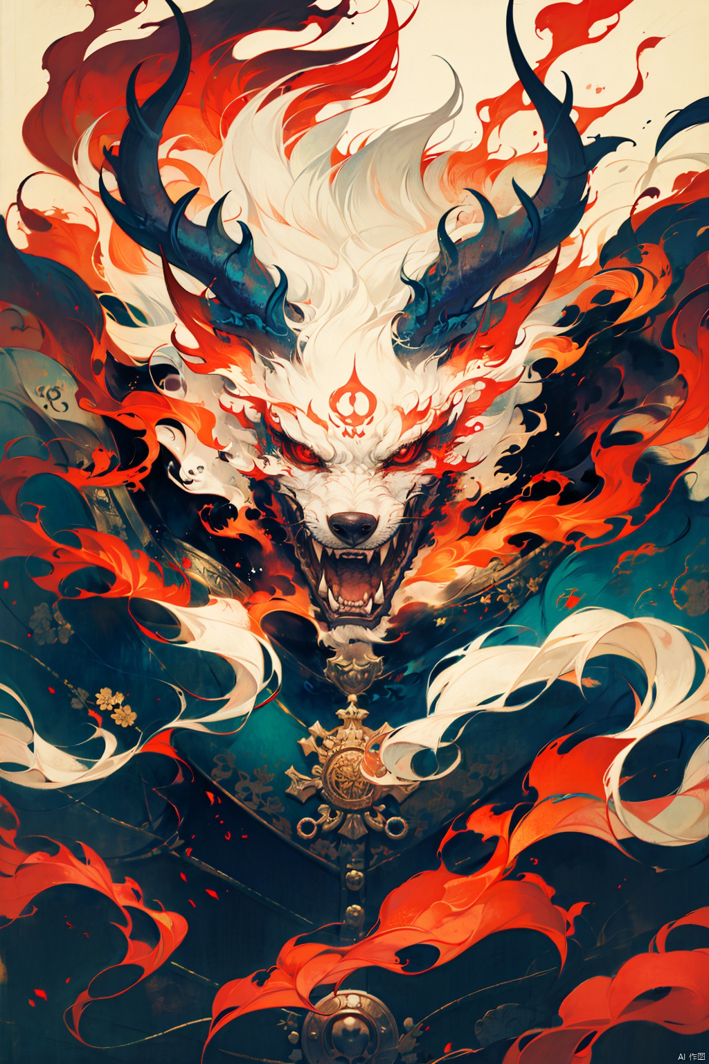 solo, looking at viewer, open mouth, red eyes,, upper body, white hair, male focus, japanese clothes, horns, teeth, armor, no humans, fangs, fire, sharp teeth, claws, furry, colored sclera, motion blur, sharp fingernails, white fur, red sclera,cmwl