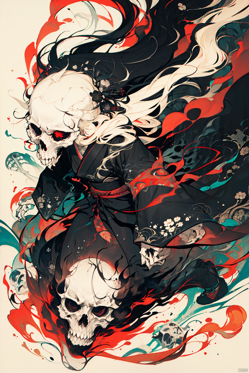 1girl, solo, long hair, black hair, hair ornament, red eyes, long sleeves, holding, weapon, japanese clothes, sword, wide sleeves, kimono, sash, floating hair, obi, floral print, colored sclera, skull, black sclera, black kimono, skeleton,cmwl