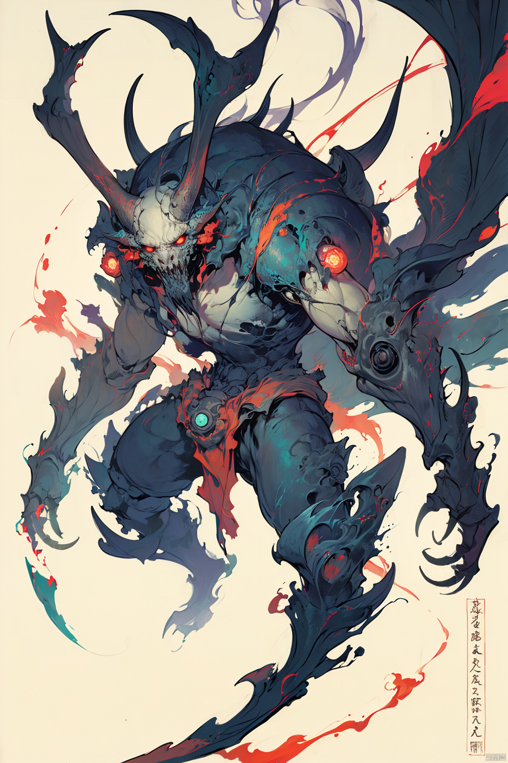 solo, red eyes, horns, no humans, glowing, robot, claws, 1other, science fiction, monster, extra arms, extra eyes,cmwl,
