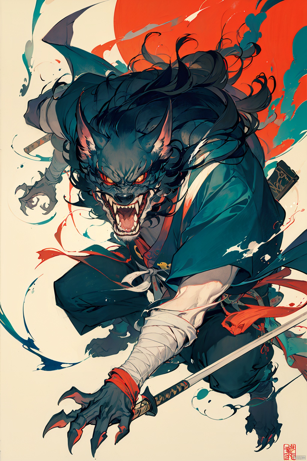 solo, long hair, open mouth, black hair, red eyes, 1boy, holding, weapon, male focus, japanese clothes, teeth, sword, holding weapon, fangs, bandages, holding sword, katana, sharp teeth, claws,cmwl