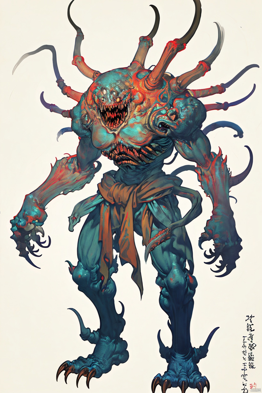 solo, 1boy, standing, full body, teeth, no humans, sharp teeth, claws, monster, extra arms, extra eyes