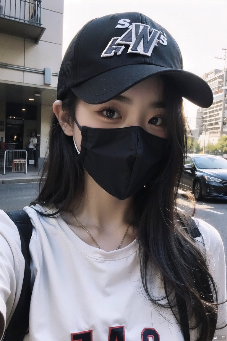 1girl, solo, shirt, hat, baseball cap, mouth mask, 25 years old
