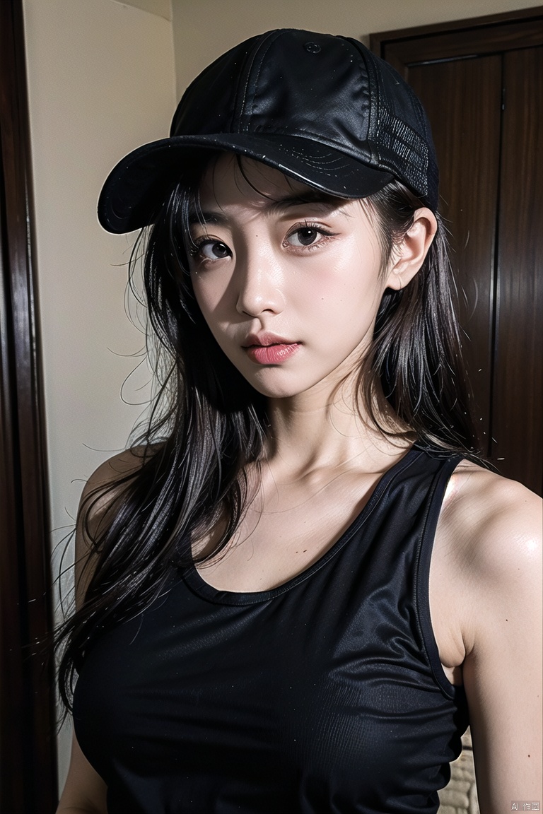 1girl,solo,shirt,male focus,looking at viewer,30 years old,face photo,narrow eyes,Chinese,black **** top,black jacket,brown hair,moyou,hat, MMN,30 years old, 1 girl,